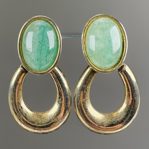 (image for) Vintage Aged Goldtone Green Door Knocker Pierced Earrings